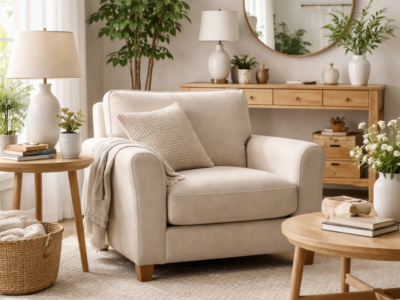 Neutral living room with beige armchair, wooden furniture and soft decor