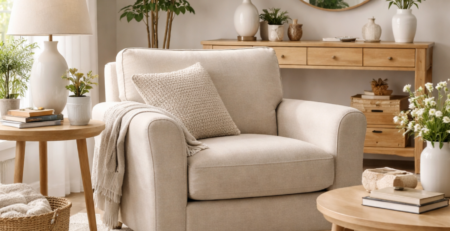 Neutral living room with beige armchair, wooden furniture and soft decor