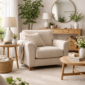 Neutral living room with beige armchair, wooden furniture and soft decor